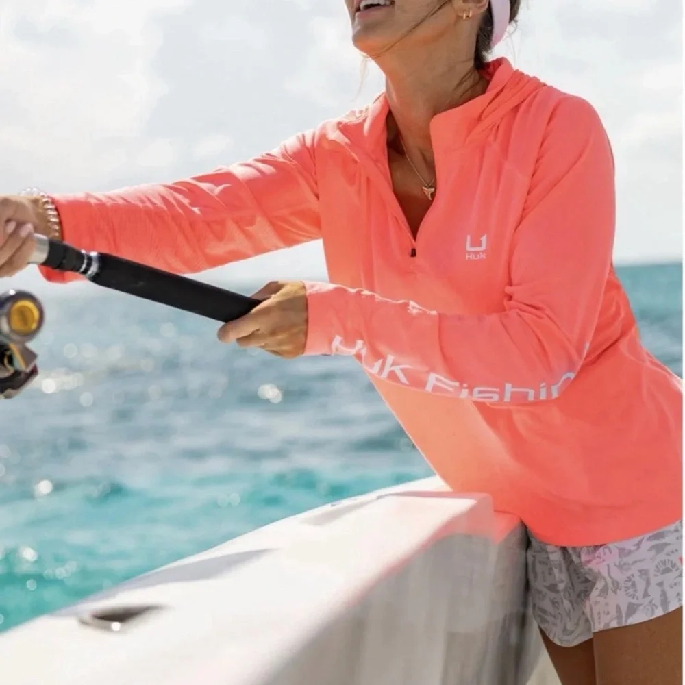 Huk Women's Long Sleeve Sun Hoodie - Coral - Picture 1 of 3
